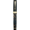 Omas Bologna Galassia gold trim fountain pen with sleek black body and elegant gold accents, close-up view.