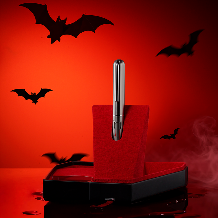 Nahvalur Dracula fountain pen with black and silver design, featuring a sleek metal body and detailed nib.