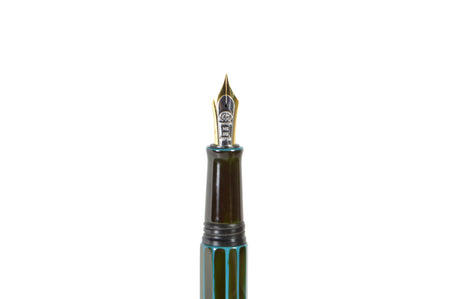 Taccia Kaku-Tate limited edition 14k gold fountain pen in navy with silver accents, showcasing its elegant design and fine craftsmanship.