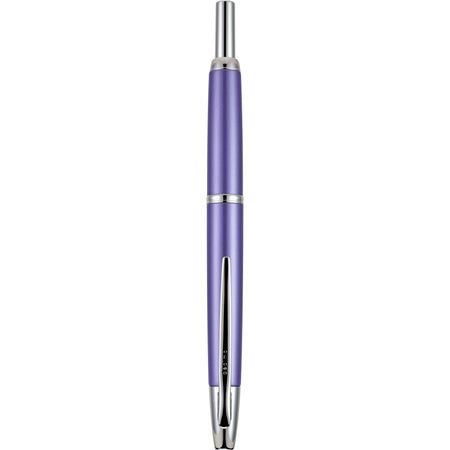 Pilot Vanishing Point Decimo fountain pen with purple body and fine nib, showcasing its sleek design and metallic finish.