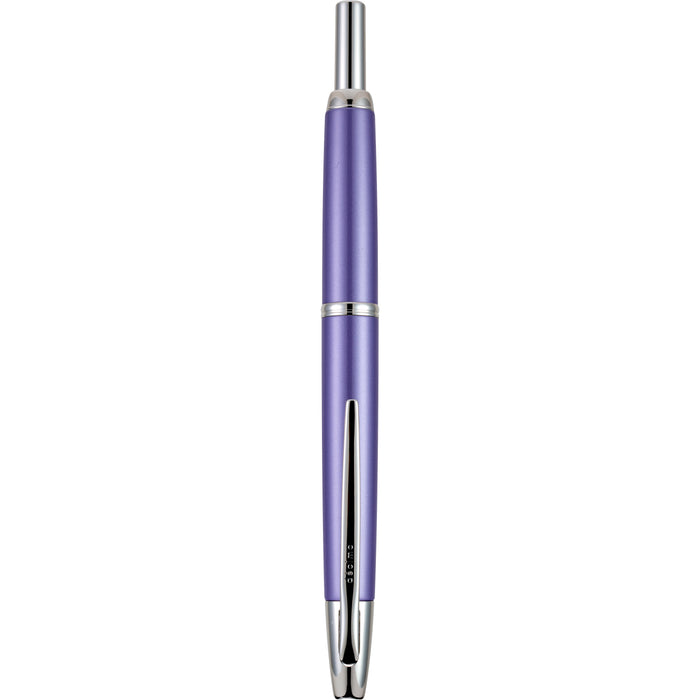 Pilot Vanishing Point Decimo fountain pen with purple body and fine nib, showcasing its sleek design and metallic finish.