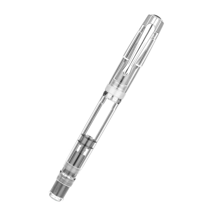 White Nahvalur Original Demonstrator fountain pen with transparent body, silver accents, and smooth writing nib on a white background.
