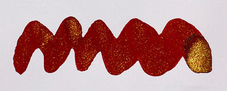 Diamine Shimmertastic Dragon Blood fountain pen ink bottle with shimmering red and gold ink inside.