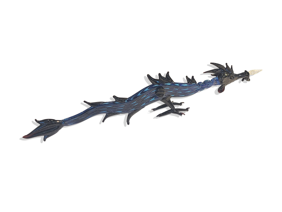 Blue glass dragon-shaped dipping pen by No Solo Vetro, showcasing intricate design and smooth glass craftsmanship.