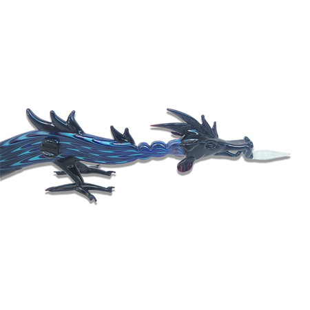 Blue glass dragon-shaped dipping pen by No Solo Vetro, featuring intricate dragon details and smooth glass craftsmanship.