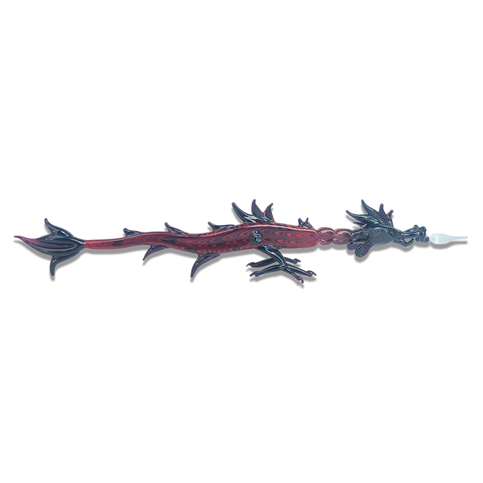 Red glass dragon dipping pen by No Solo Vetro with intricate dragon design and smooth glass finish.