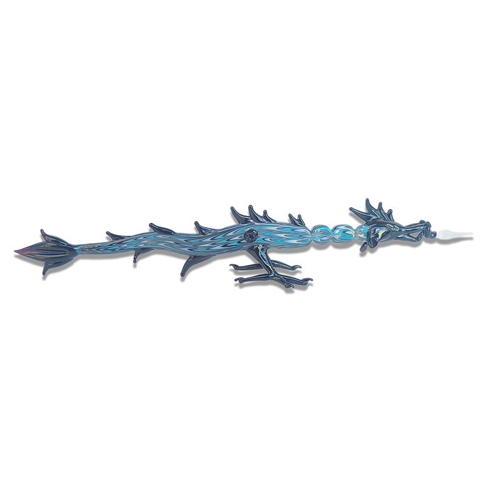 Turquoise glass dragon dipping pen by No Solo Vetro, featuring detailed dragon design and smooth glass surface for artistic writing.