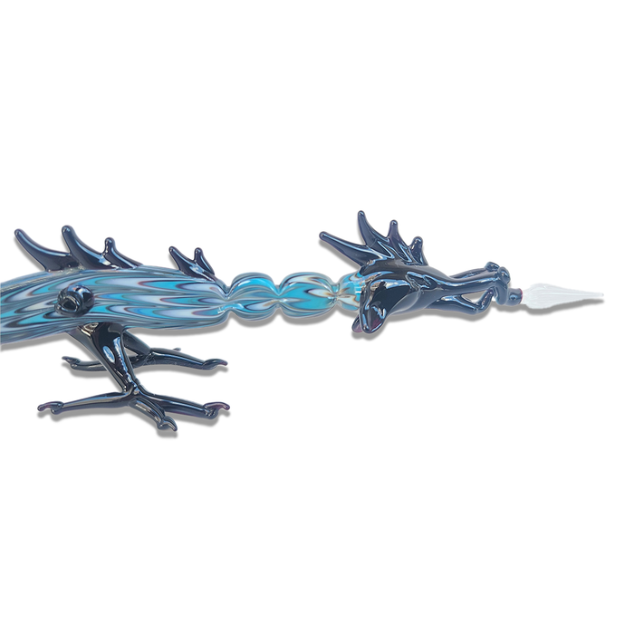 Turquoise glass dragon-shaped dipping pen by No Solo Vetro, showcasing intricate design and smooth glass finish.
