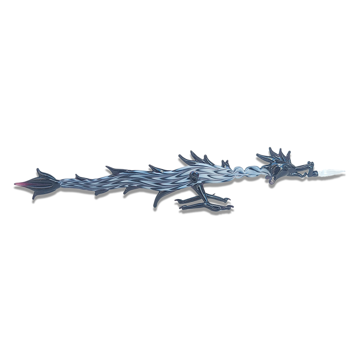 White glass dipping pen with a dragon design by No Solo Vetro, showcasing intricate craftsmanship and smooth pen tip.