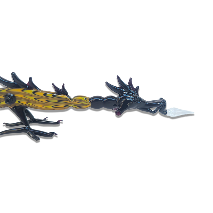 Yellow glass dragon dipping pen by No Solo Vetro, featuring intricate dragon design and smooth glass craftsmanship.