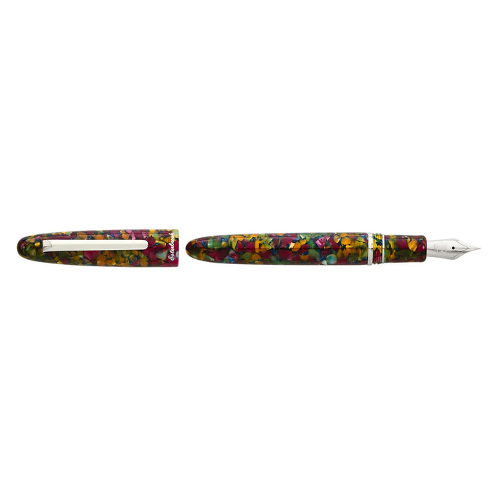 Open Esterbrook Estie fountain pen with silver fittings, showcasing its elegant nib and polished body in a detailed close-up image.