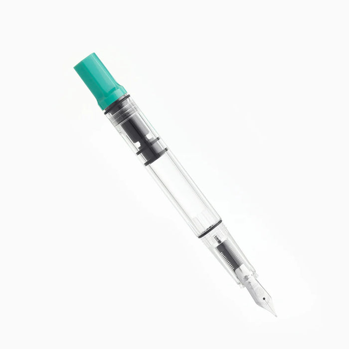 Twsbi Eco Persian Green fountain pen with green resin body and silver accents, showcasing the elegant design and glossy finish.
