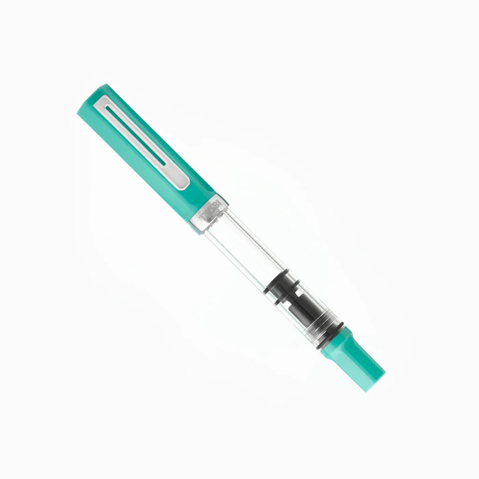 Twsbi Eco Persian Green fountain pen with green resin barrel and silver accents, displayed on a white background.