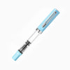 Twsbi Eco Sky Blue fountain pen with smooth blue resin body and gold accents, showcasing its elegant design and fine nib.