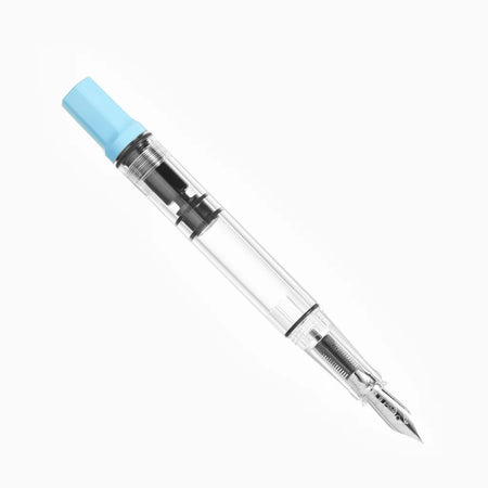 Twsbi Eco Sky Blue fountain pen with a sleek blue barrel and silver accents on a white background.