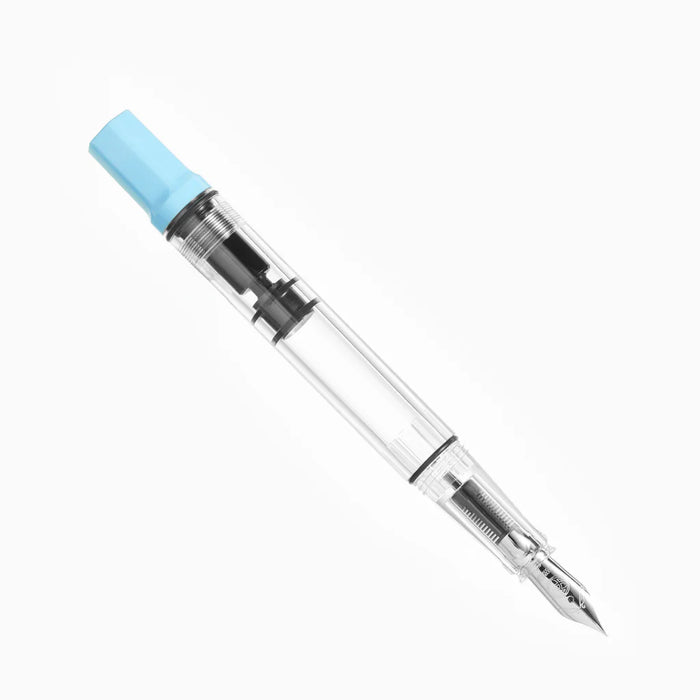 Twsbi Eco Sky Blue fountain pen with a sleek blue barrel and silver accents on a white background.