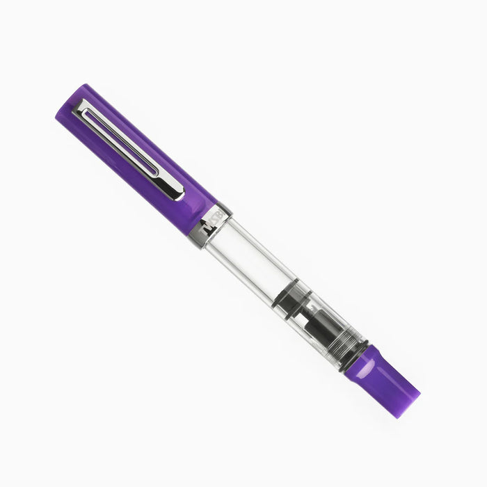 Twsbi Eco-T Eggplant Purple fountain pen with smooth purple body and silver accents, shown on a white background.
