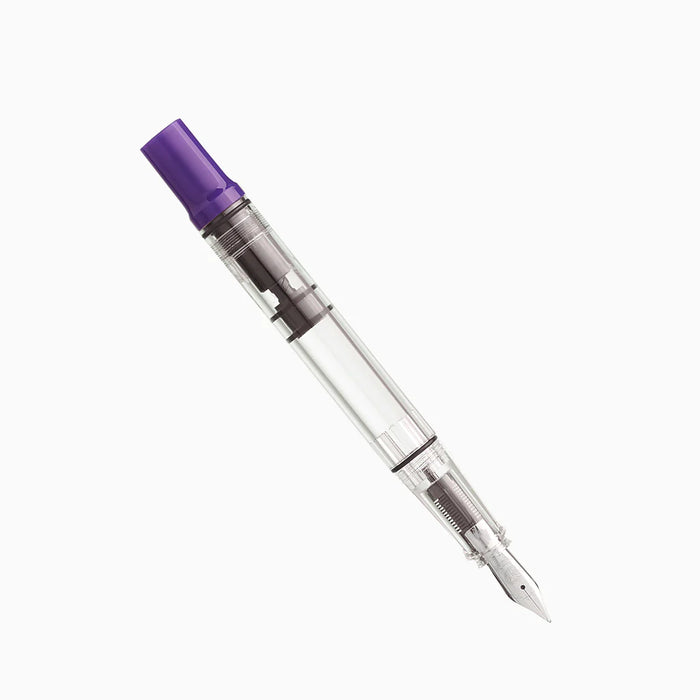 Twsbi Eco-T fountain pen in eggplant purple with a smooth barrel and metal clip, designed for writing comfort and style.