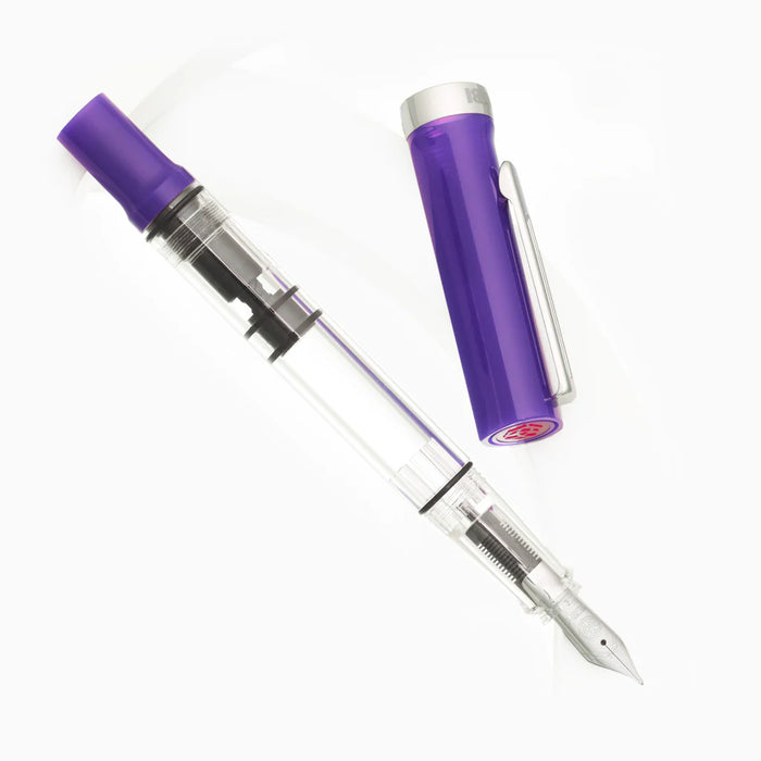 Twsbi Eco-T Eggplant Purple fountain pen with sleek purple body and silver accents, styled for writing comfort and elegance.