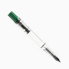 Twsbi Eco Irish Green fountain pen with black onyx accents, featuring a sleek green body and elegant gold details.