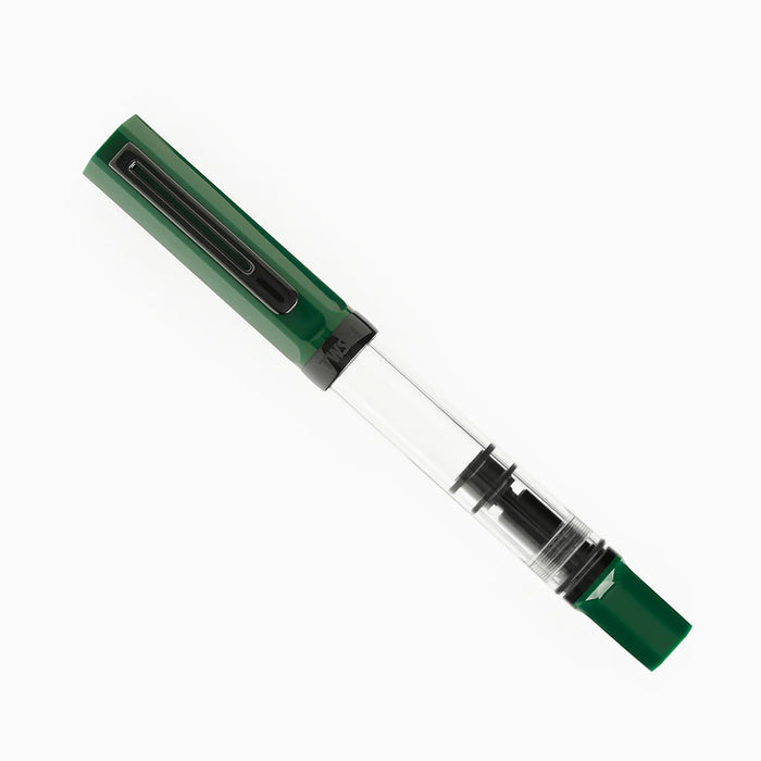 Twsbi Eco Irish Green fountain pen with black Onyx accents, featuring a smooth green barrel and elegant design.