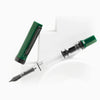 Twsbi Eco Irish Green fountain pen with black onyx accents, featuring a sleek green body and metal clip for writing elegance