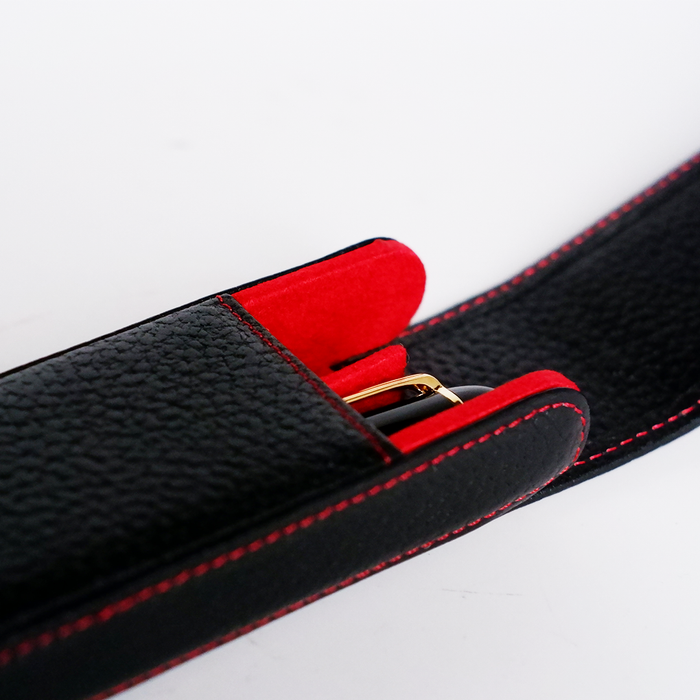 Black leather pen case by Eng Leather Co. with two compartments for storing and protecting pens.