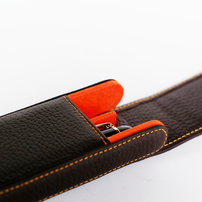 Eng Leather Co. brown 2-pen hard case with sturdy exterior and secure closure, designed for elegant pen storage.