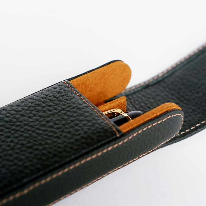 Eng Leather Co. 2 Pen Hard Case in green and black, durable leather pen case with secure closure and sleek design.
