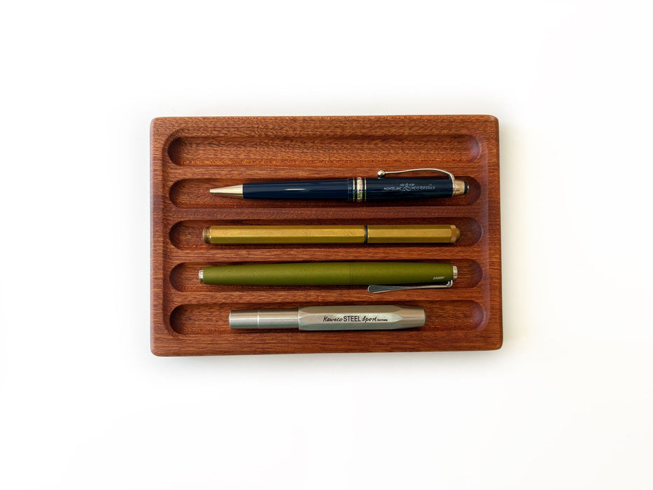 Eng Leather Co. wooden pen tray with compartments for organizing pens and stationery in a sleek, natural wood finish.