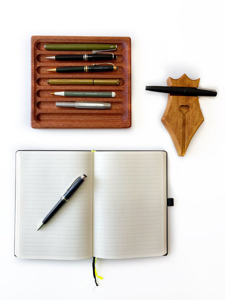 Eng Leather Co. wooden pen tray with compartments for organizing pens and stationery, handcrafted from polished wood.