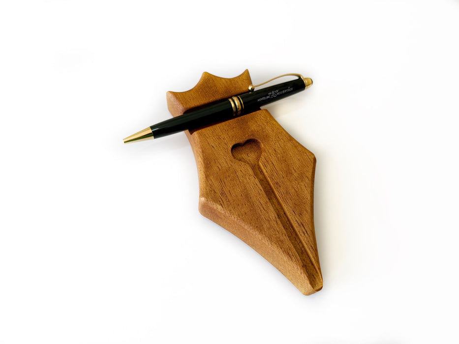 Eng Leather Co. wooden pen rest with a sleek design, featuring a polished iroko wood finish for elegant desk organization.