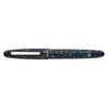 Esterbrook Estie fountain pen with silver fittings, blue resin body, closed cap, showcasing elegant design and craftsmanship.