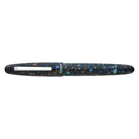 Esterbrook Estie fountain pen with silver fittings, blue resin body, closed cap, showcasing elegant design and craftsmanship.