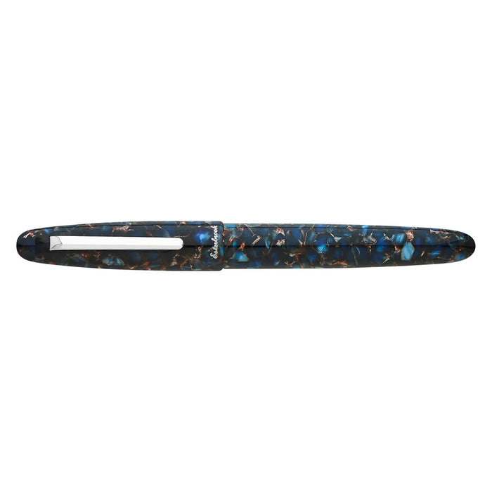 Esterbrook Estie fountain pen with silver fittings, blue resin body, closed cap, showcasing elegant design and craftsmanship.