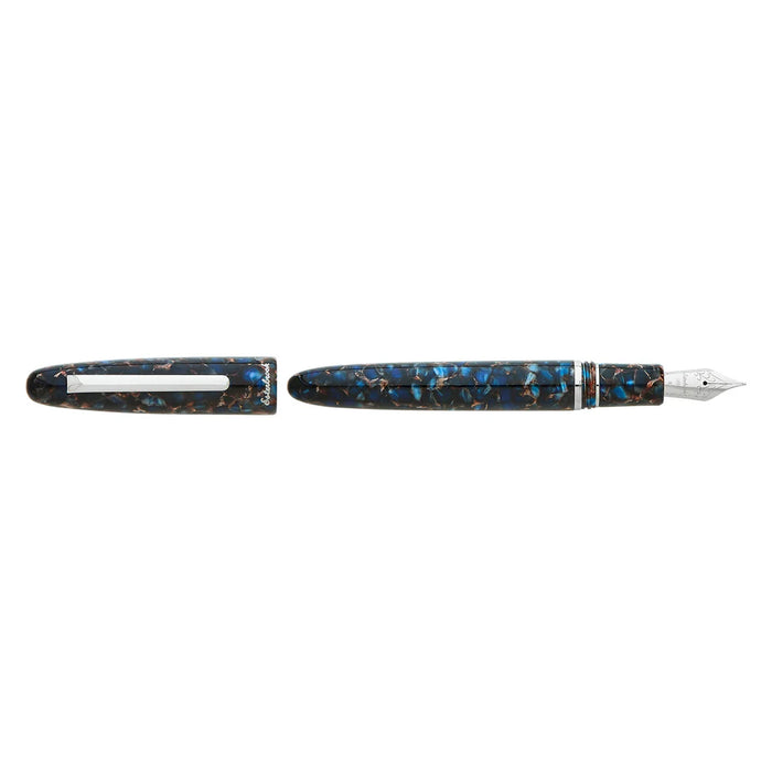 Esterbrook Estie fountain pen with silver fittings, showcasing a sleek black body and elegant design on a white background.