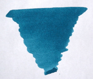 Diamine Eau de Nil fountain pen ink bottle with vibrant greenish-blue ink in clear glass container