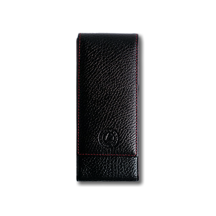 Black leather pen case by Eng Leather Co. with three compartments for storing pens, featuring a sleek and durable design.