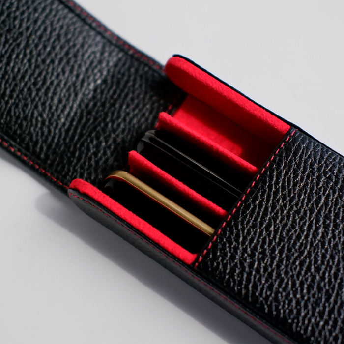 Black Eng Leather Co. 3-pen hard case with durable leather exterior and secure zipper closure for stylish pen storage.