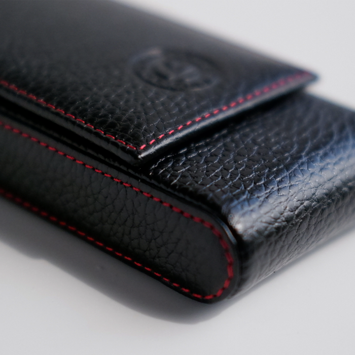 Black Eng Leather Co. 3 Pen Hard Case showing durable leather exterior and secure snap closure for stylish pen storage.