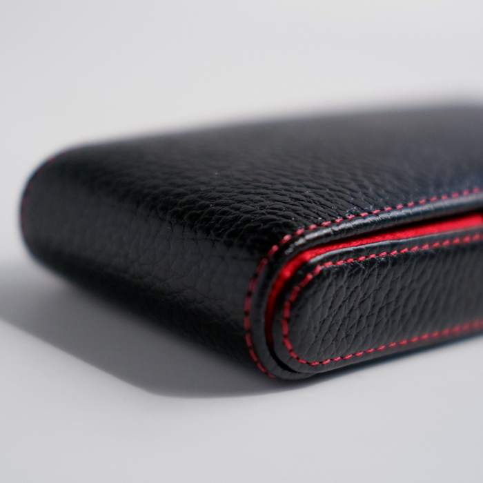 Black Eng Leather Co. 3 Pen Hard Case showing a sleek, durable leather pen case with three compartments for writing instruments.