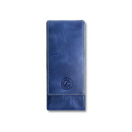 Blue leather pen case by Eng Leather Co. with three compartments, designed to securely hold writing instruments.