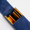 Blue leather pen case by Eng Leather Co. with a 3-pen capacity, featuring a sleek, durable design for stylish organization.