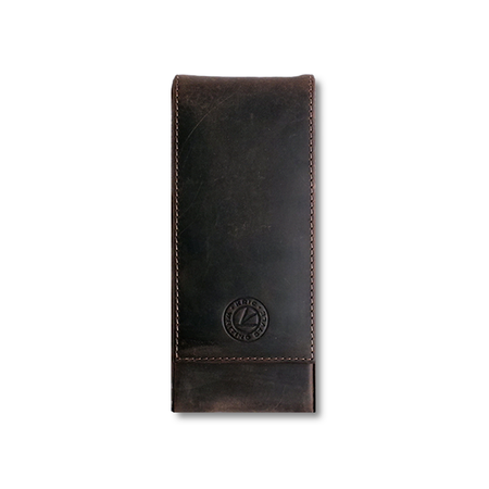 Dark brown leather pen case by Eng Leather Co. with a sleek, compact design and secure closure for three pens.