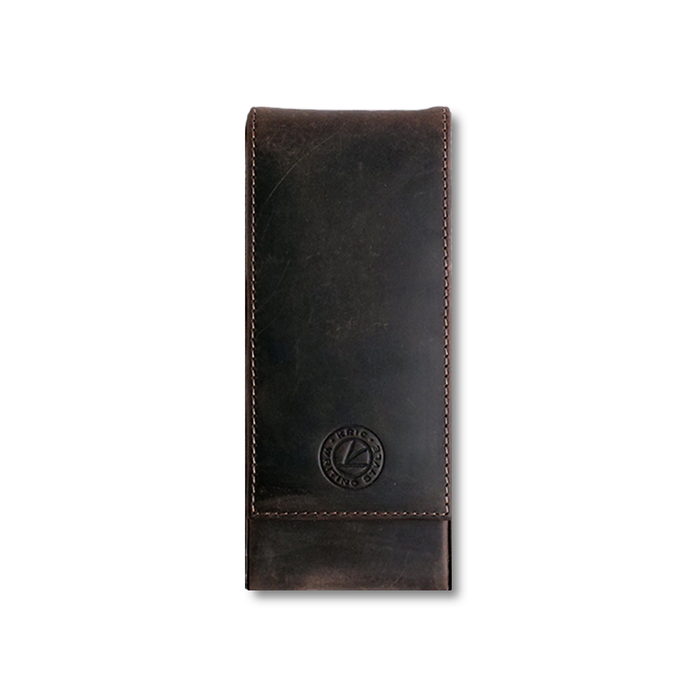 Dark brown leather pen case by Eng Leather Co. with a sleek, compact design and secure closure for three pens.