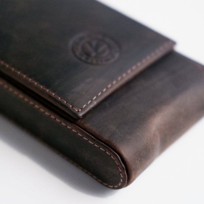 Dark brown Eng Leather Co. 3 Pen Hard Case with sturdy leather exterior and secure zipper closure for elegant pen storage.