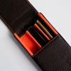 Eng Leather Co. brown leather 3 pen hard case showing textured surface and secure closure for stylish pen storage.