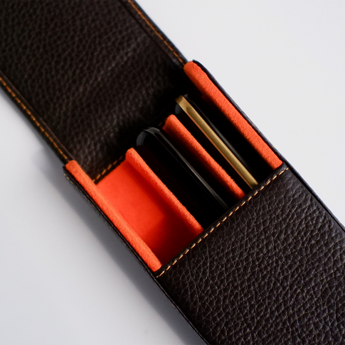 Eng Leather Co. brown leather 3 pen hard case showing textured surface and secure closure for stylish pen storage.