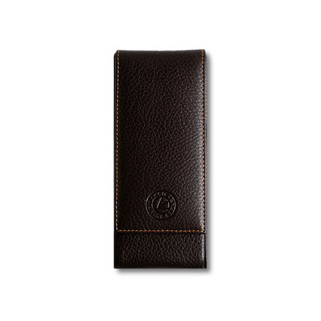 Dark brown leather pen case by Eng Leather Co. holding three pens, showcasing a sleek, durable design for stylish organization.