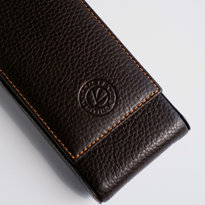 Eng Leather Co. brown leather 3 pen hard case with secure closure and smooth texture, designed for stylish pen storage.